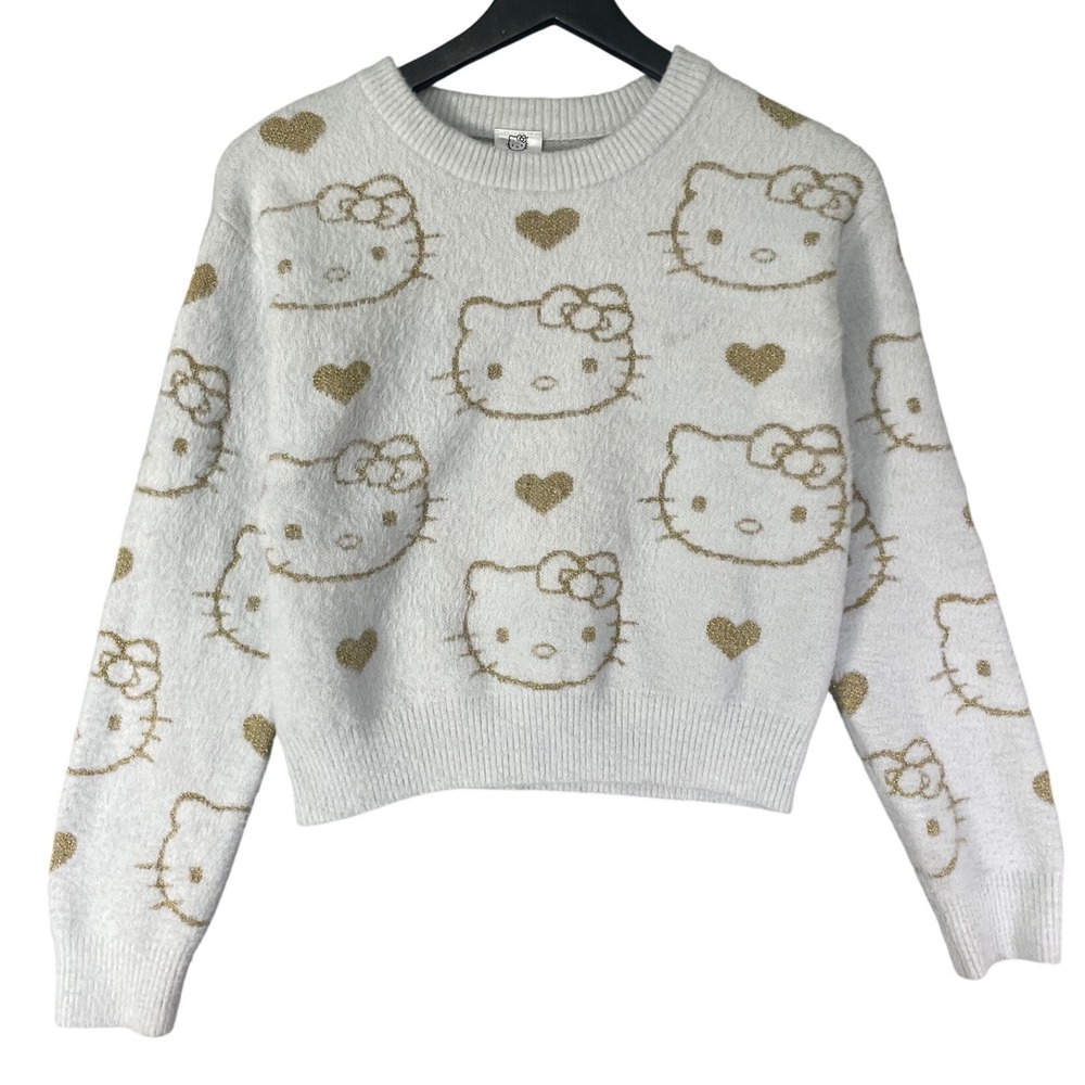 Hello Kitty Sanrio Kids Girls XL 14/16 Fuzzy Knit Sweater Gold Hearts White